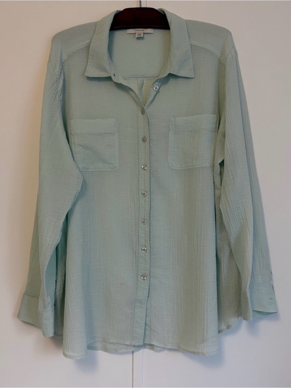 Sejour Aqua Button-Down Shirt with Patch Pockets